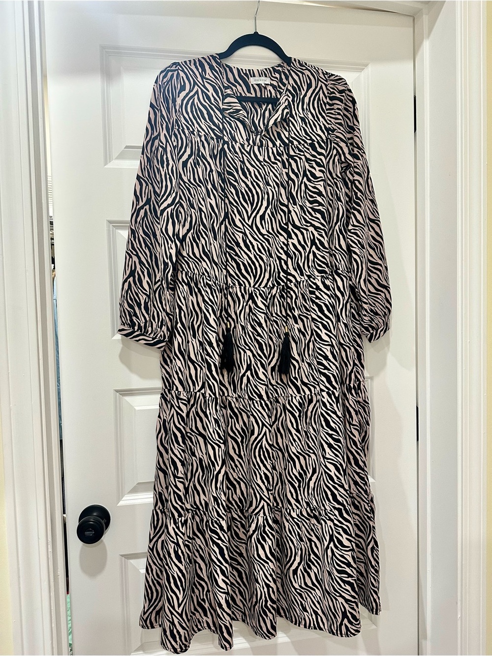 Crescent Zebra-Print Tiered Long-Sleeve Midi Dress in Black and Cream